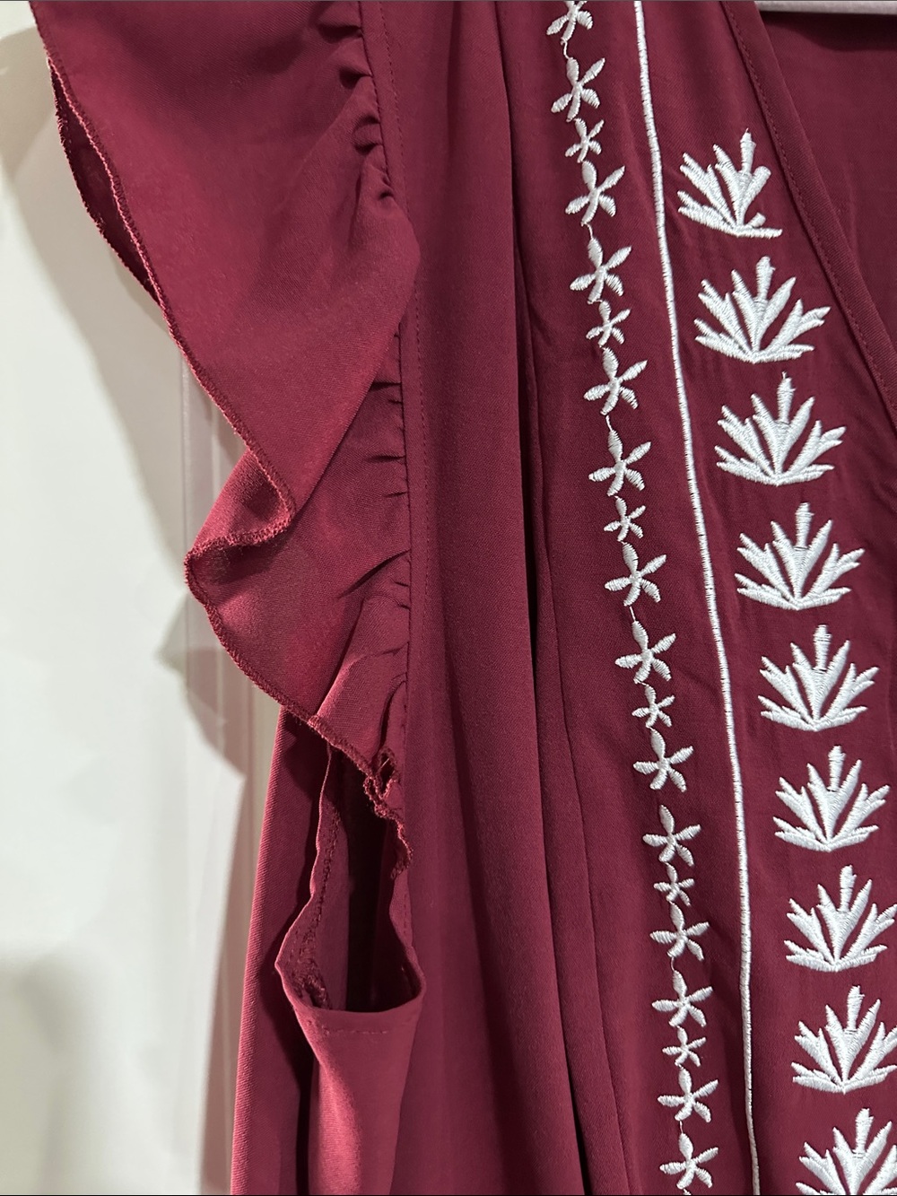 BloomChic Burgundy V-Neck Embroidered Ruffle Sleeve Dress - Picture 3 of 6
